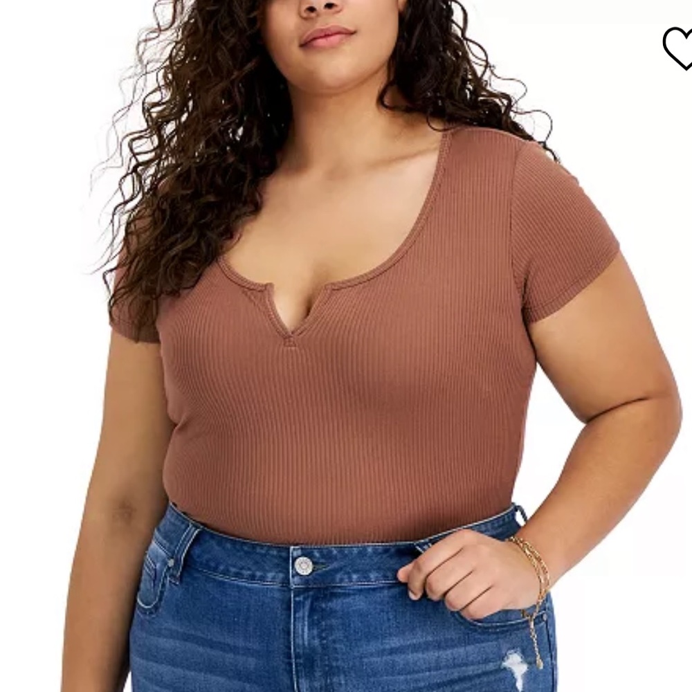 Just Polly Fitted Bodysuit Size 2X Brown Bodycon Ribbed V neck NWT Woman Plus